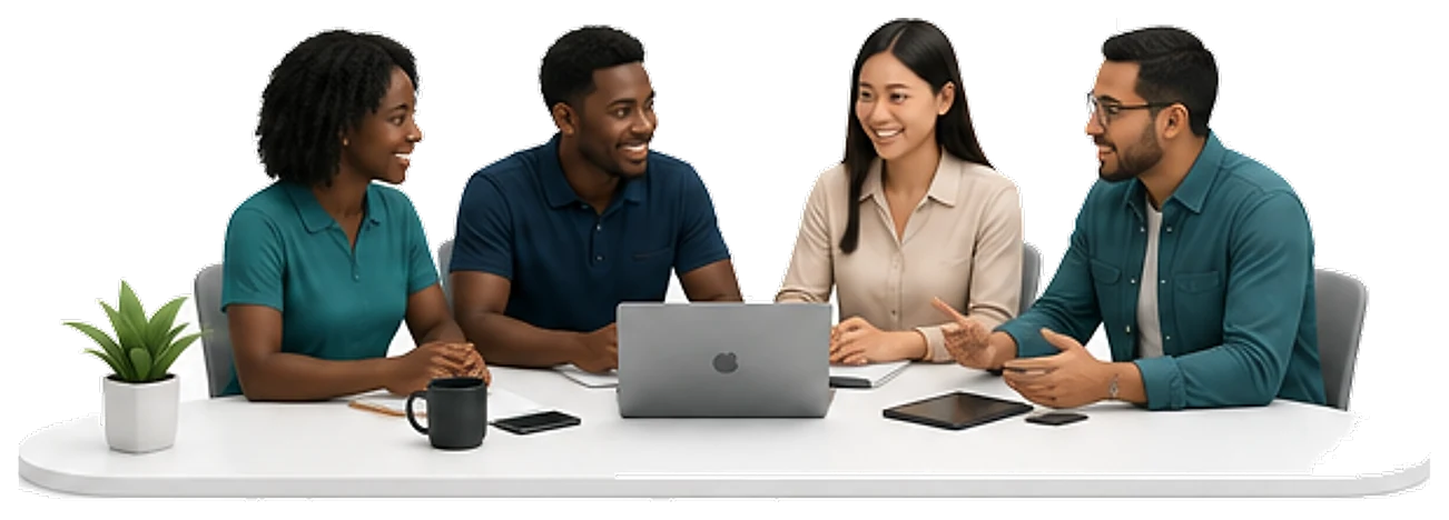 Equipe diversa reunida ao redor de uma mesa, conversando com notebook e tablet abertos.