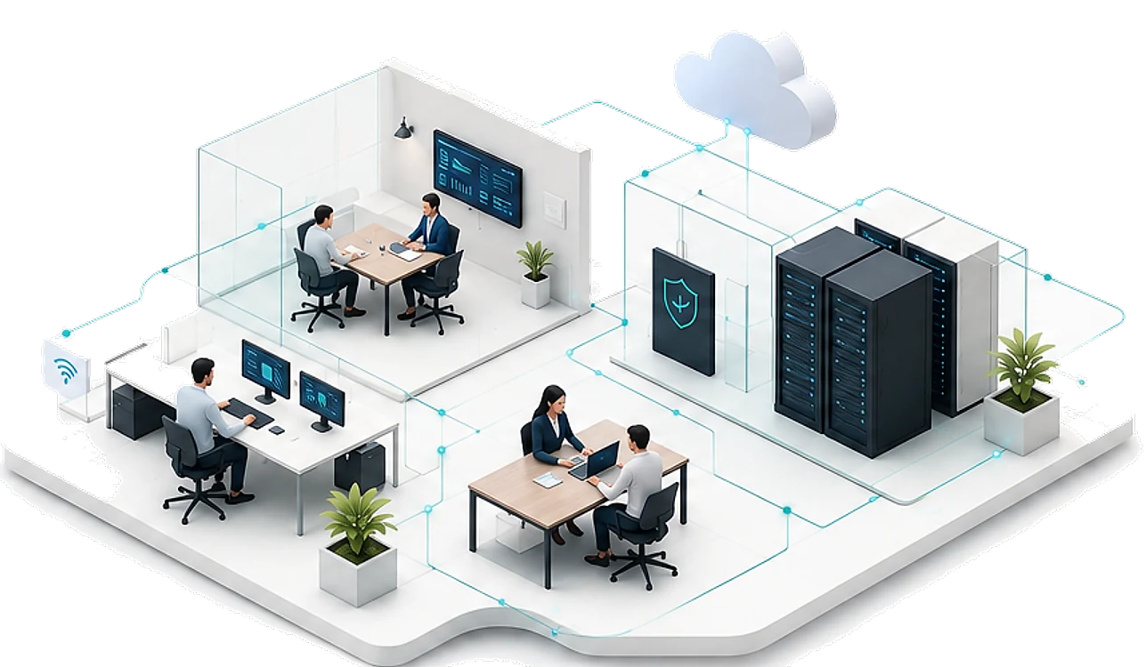 Ilustração isométrica do ambiente de uma empresa: salas de reunião e estações de trabalho conectadas a servidores, proteção de dados e nuvem.